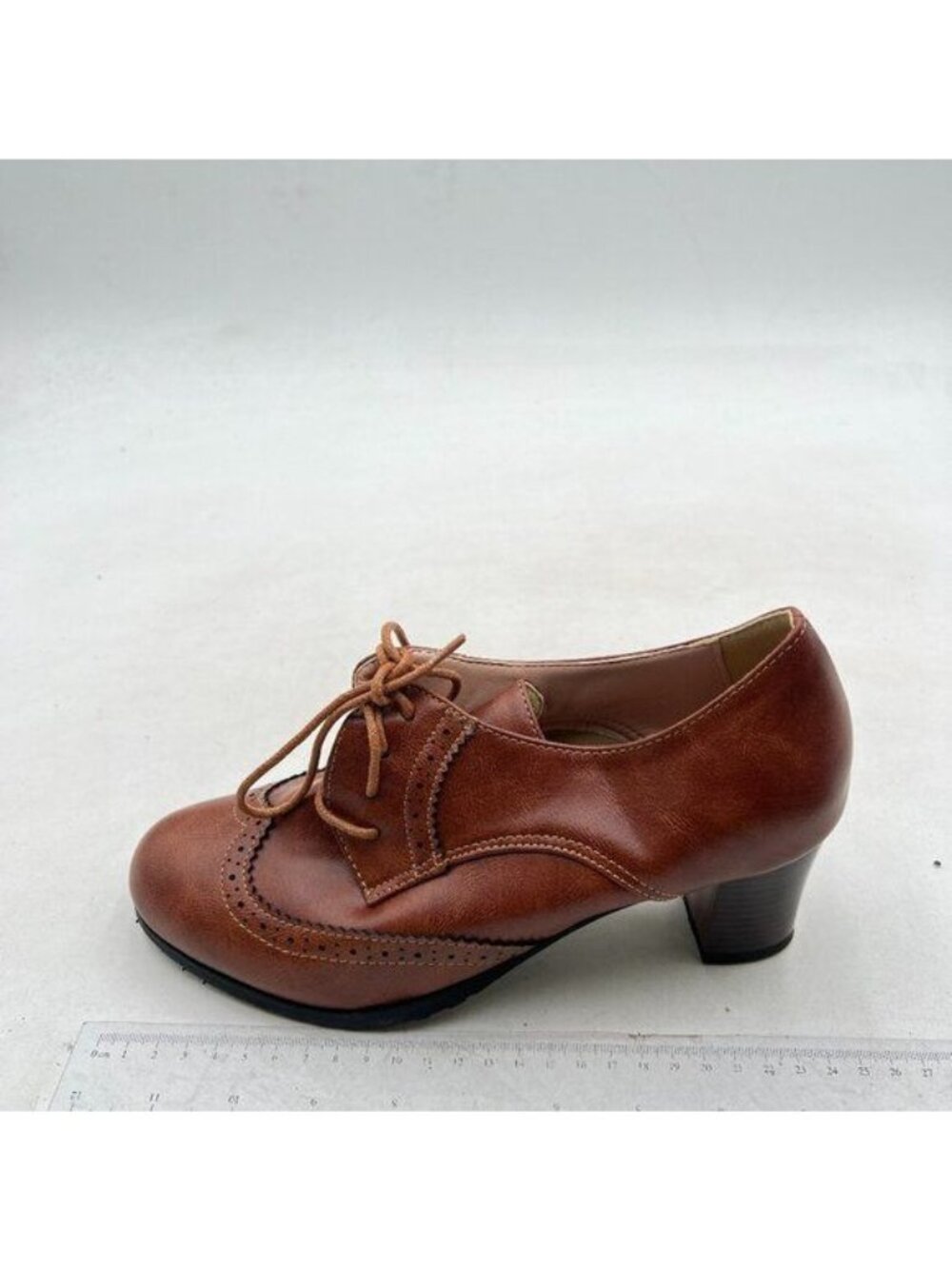 Brown Women Round Toe Wingtips Loafers Self Tie Block Heel Oxfords